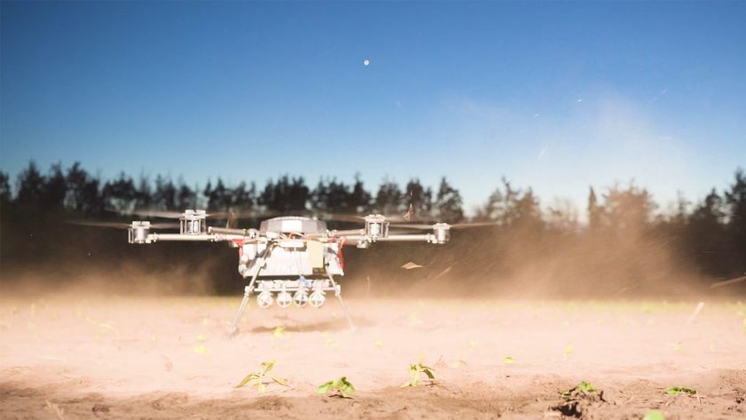 A Ukrainian quadcopter drone taking off