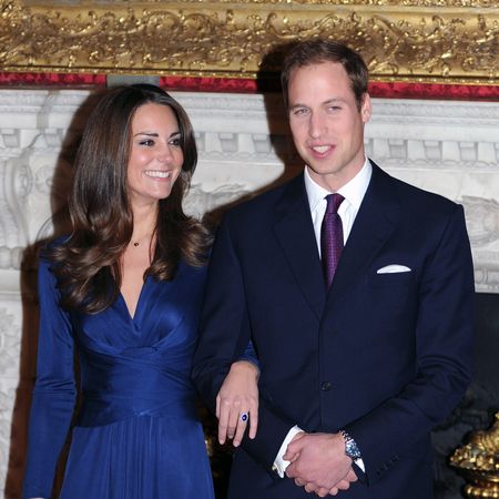 Kate Middleton wears a blue dress to debut Princess Diana's sapphire engagement ring in 2010, given to her by Prince William who wears a dark suit with a red tie, and in 2024, a bearded Prince William wears a suit jacket and open shirt to reflect on proposing to Princess Kate