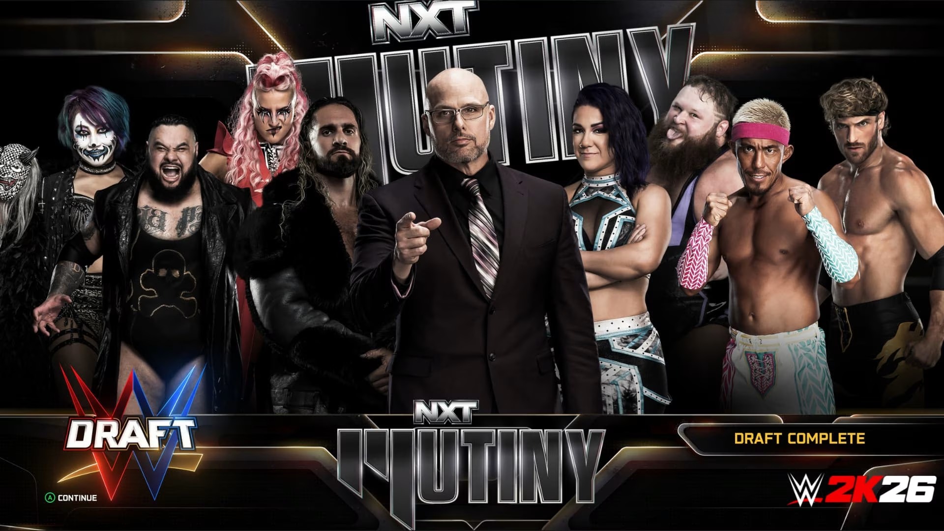 In-game screenshot of NXT Mutiny in WWE 2K26's MyGM Mode.