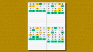 Quordle daily sequence answers for game 733 on a yellow background