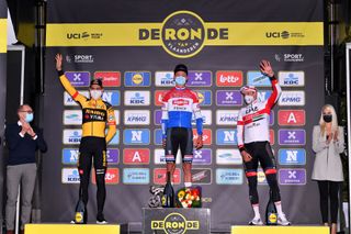 The 2020 Tour of Flanders podium: runner-up Wout van Aert (Jumbo-Visma), winner Mathieu van der Poel (Alpecin-Fenix) and Alexander Kristoff (UAE Team Emirates)