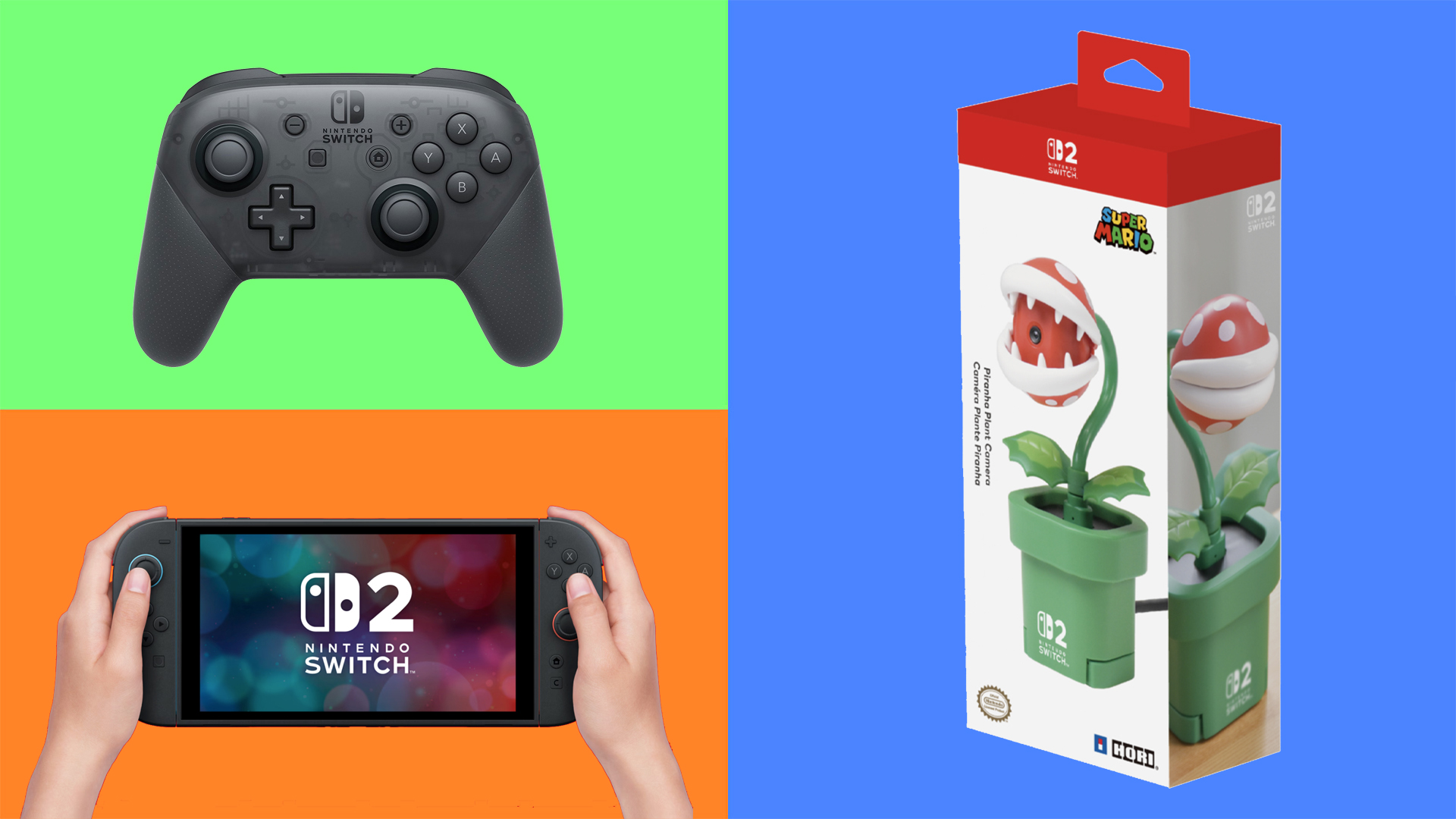 three Nintendo Switch products on bright background