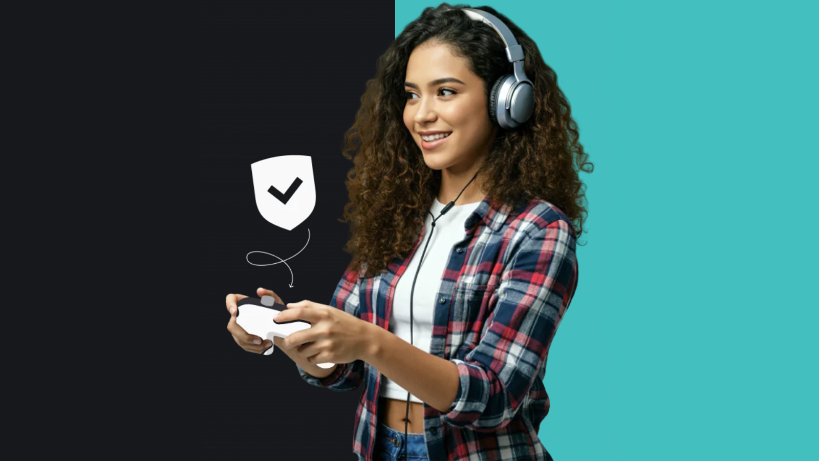 A young woman poses wearing a gaming headset holding an illustrated gaming console controller in front of a bold blue background.