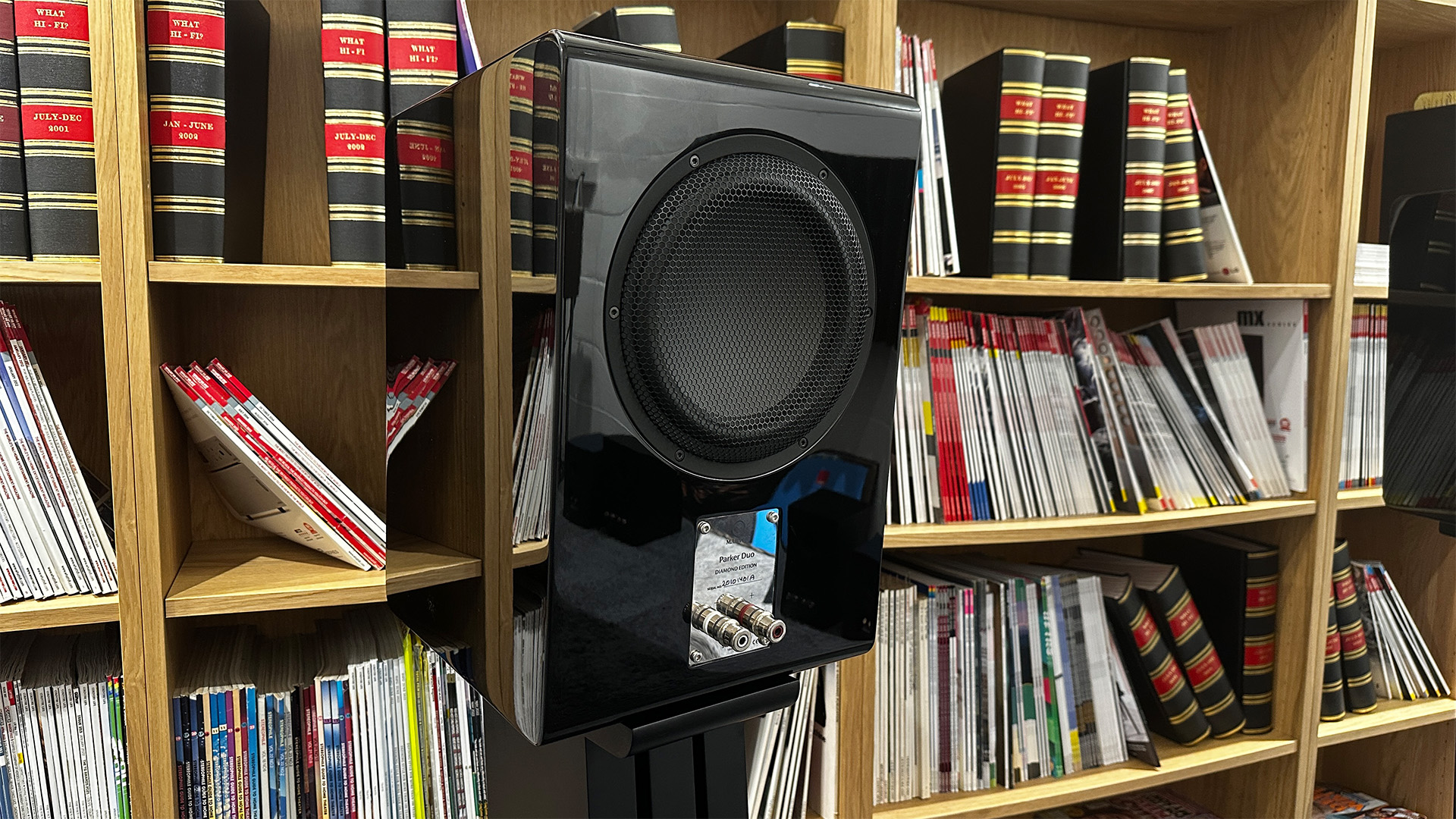 Marten Parker Duo Diamond Edition standmount speaker in front of bookcase