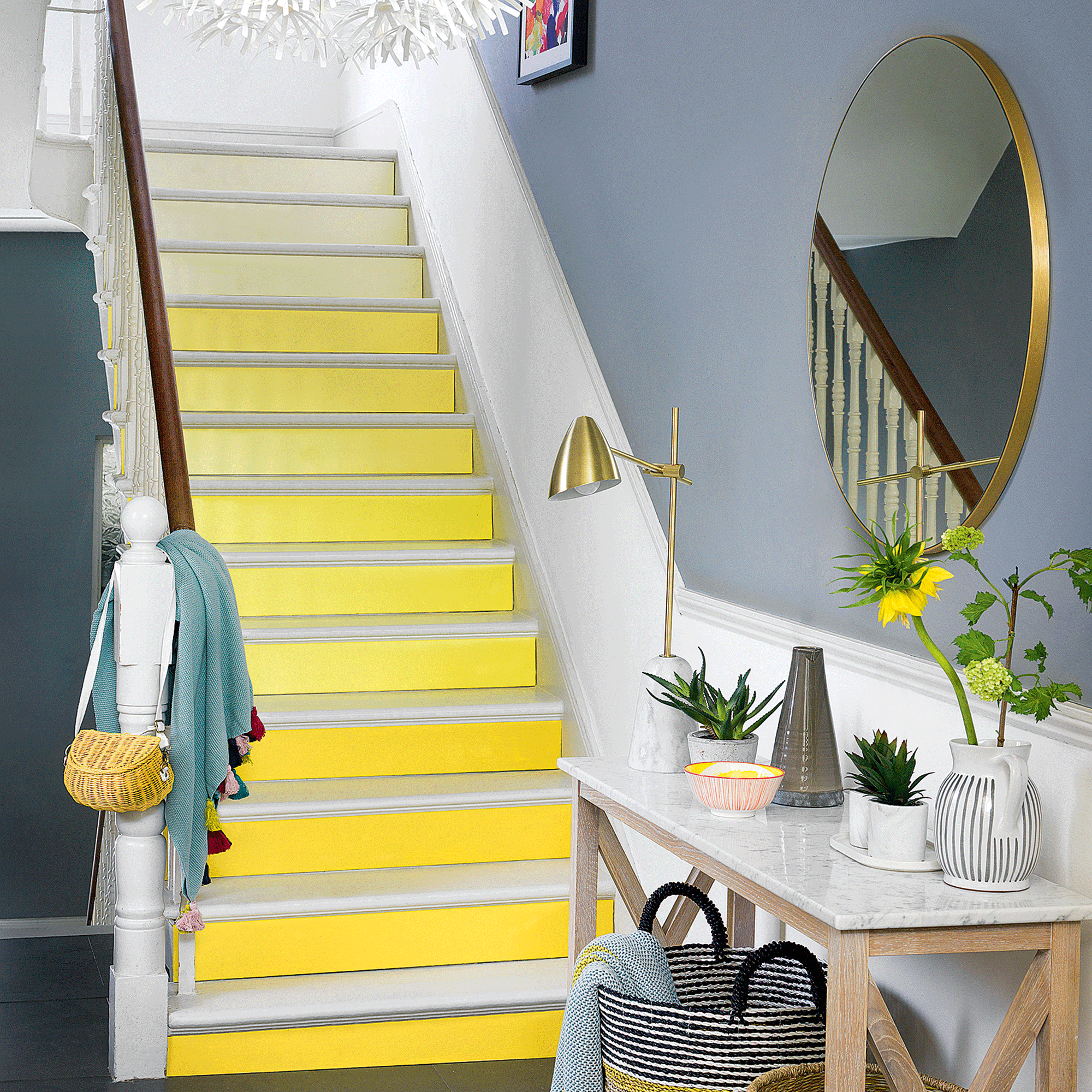 Yellow staircase in hallway