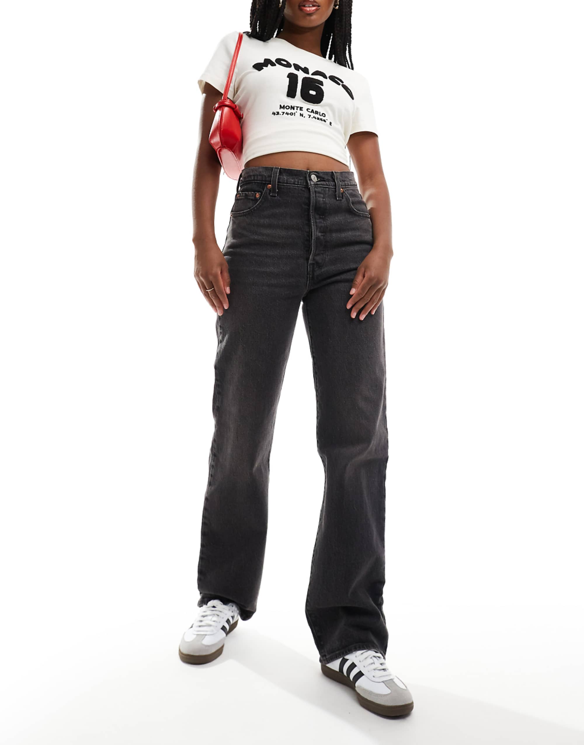 Levis Ribcage High Rise Straight Fit Full Length Jeans in Washed Black