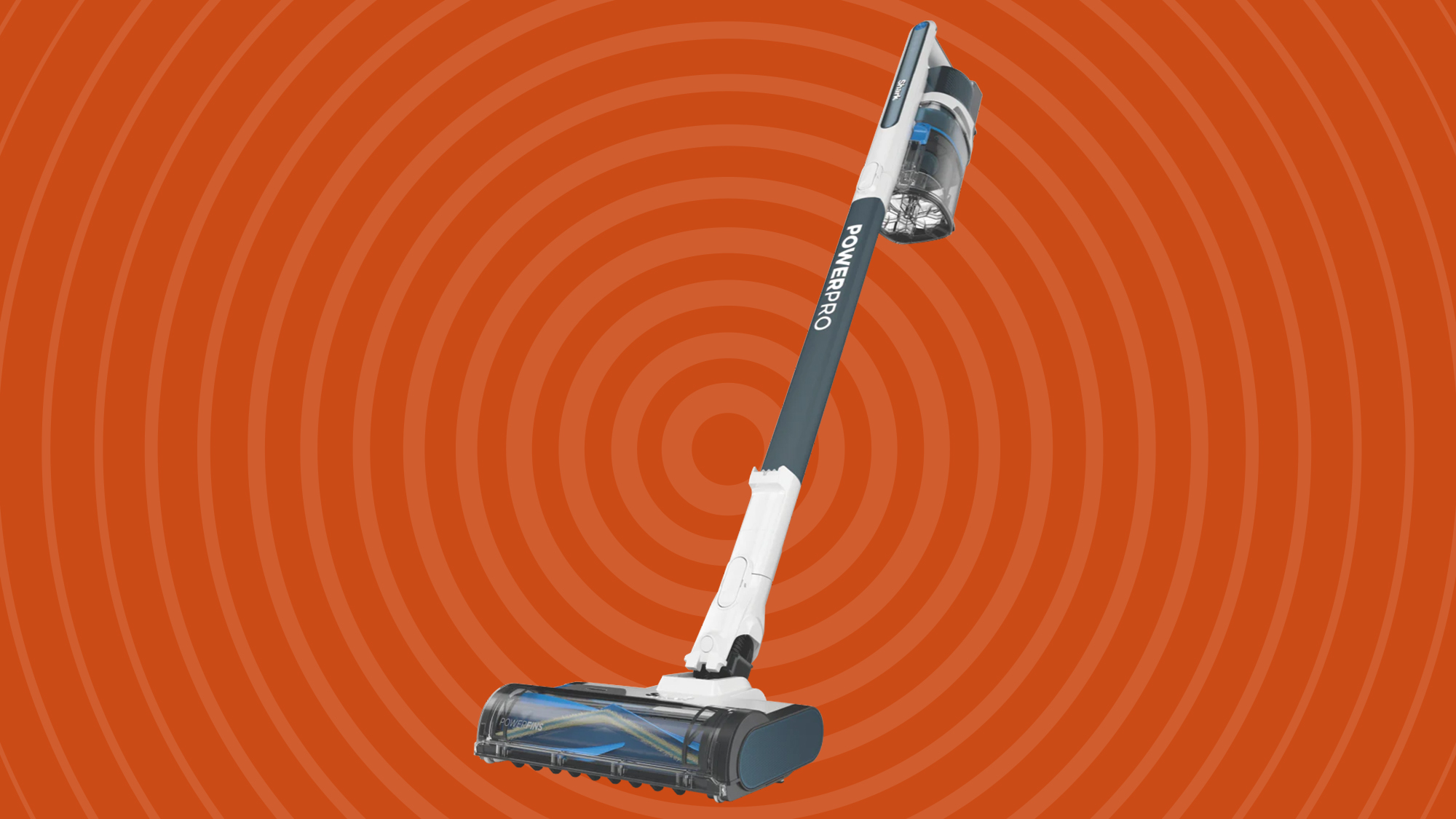 A Shark PowerPro cordless vacuum on an orange background