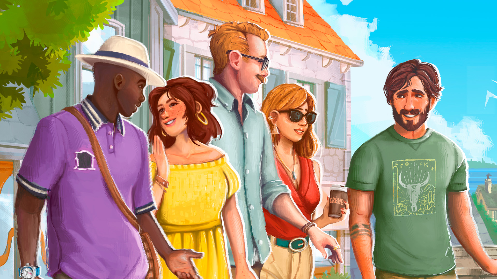 Key art for Paralives showing a group of friends in bright clothes walking through a sunny, blue-skies town - cropped for a header image