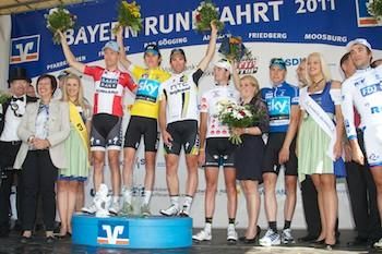 The final podium of Nicki S&ouml;rensen, Geraint Thomas and Michele Albasini with Mountains winner Pieter Serry, Points winner Edvald Boasson Hagen and best young rider Thibaut Pinot.