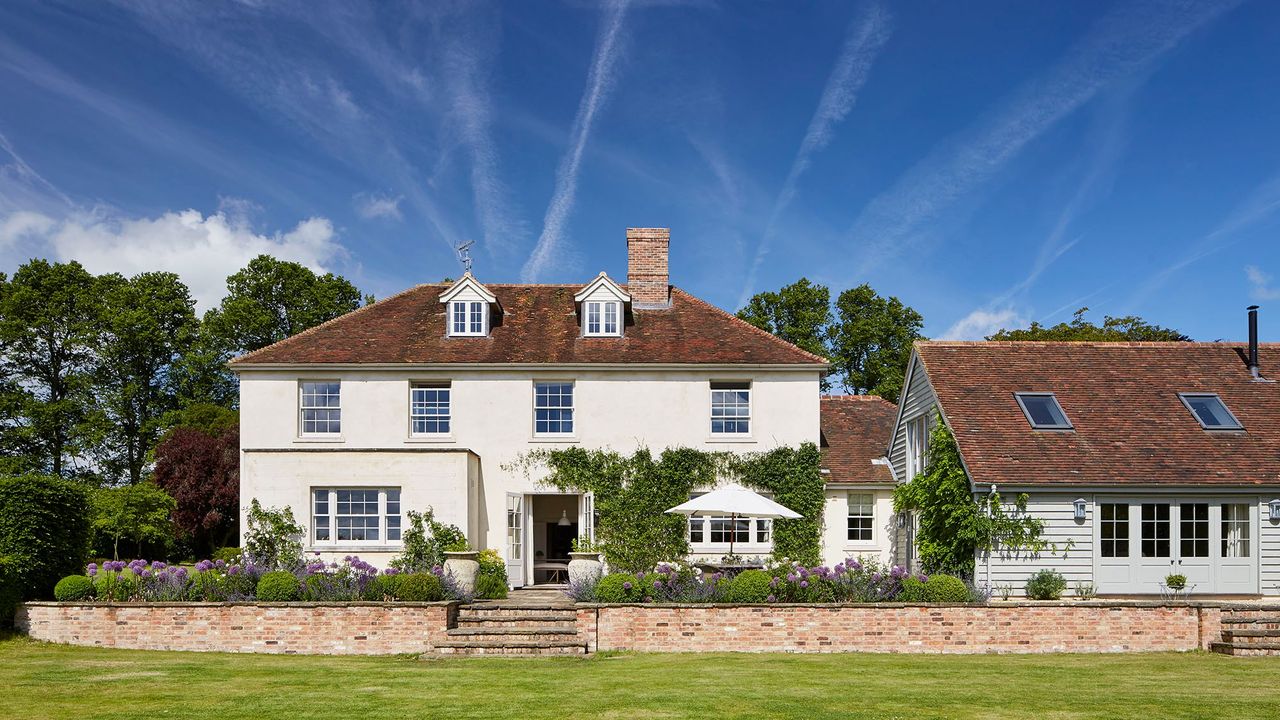 house exterior with white walls and open lawn area