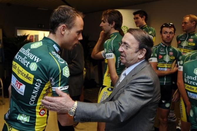 Sven Nys chats with Ernesto Colnago at the Landbouwkrediet-Credit Agricole team presentation in Brussels, Belgium in February, 2011.