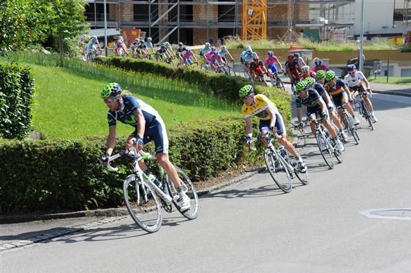 Yellow jersey holder Rui Costa corners at pace at the Tour de Suisse