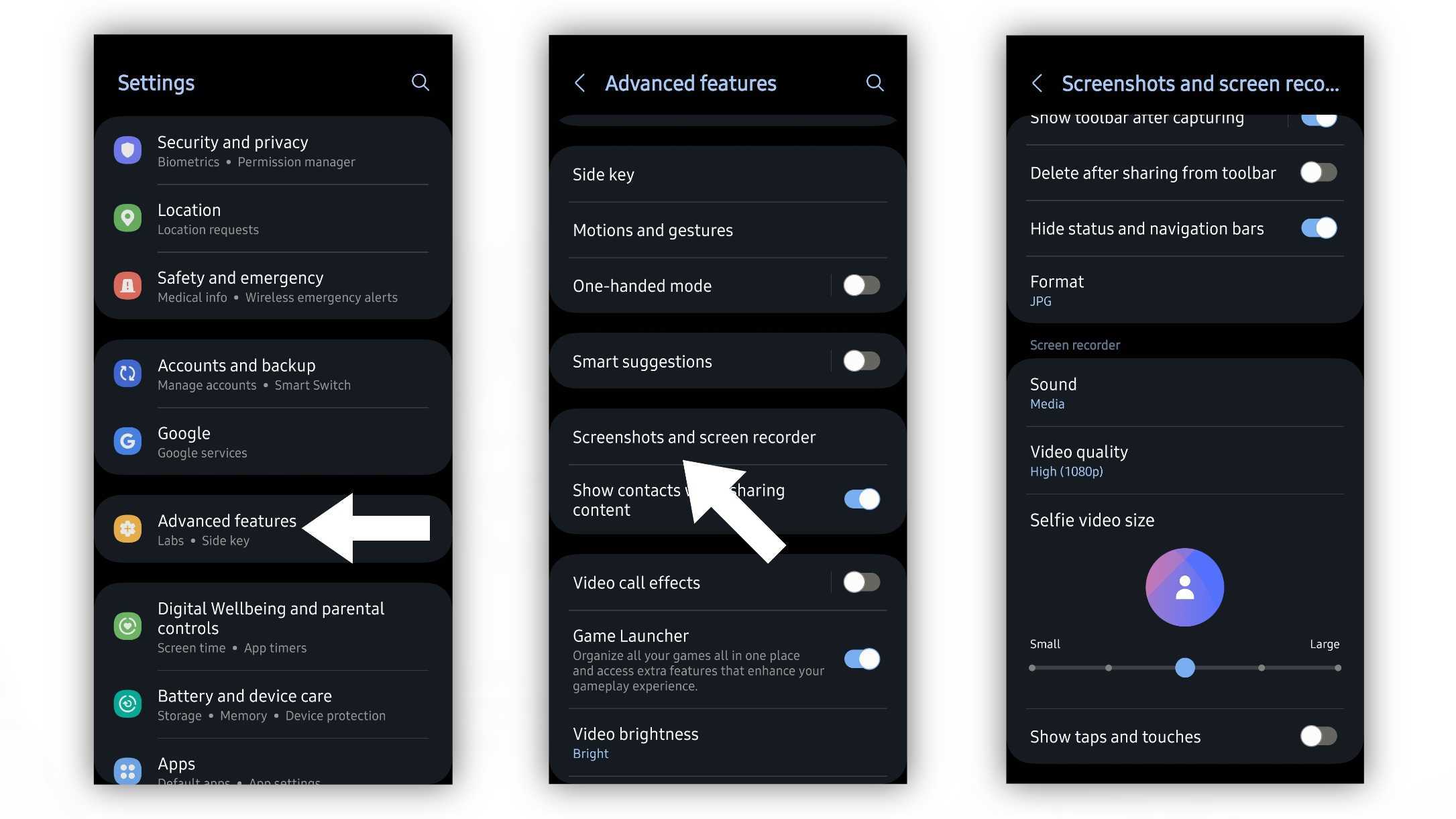 Screen recorder settings on a Galaxy phone