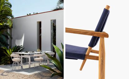 Left: outdoor garden with table and chairs. RIght: The back of an outdoor chair. 