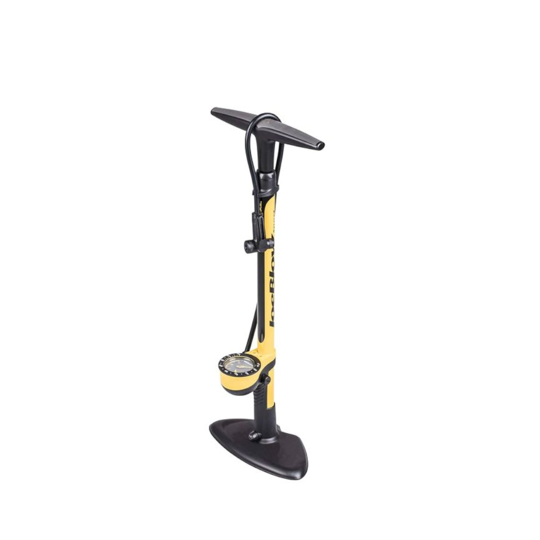 A black and yellow floor pump on a white background