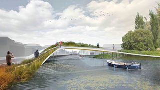 Urban park concept art showing a green walkway over a lake