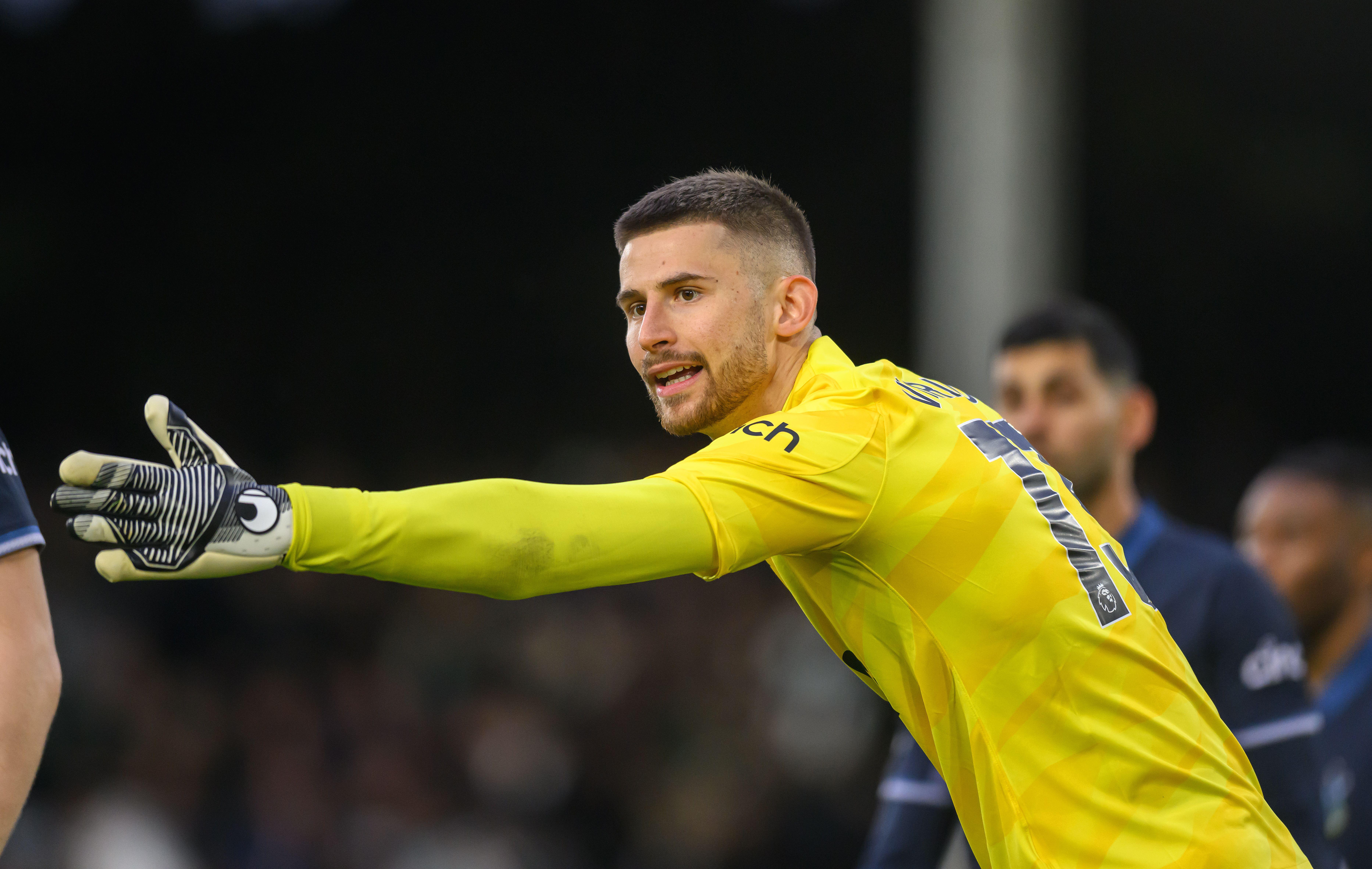 Guglielmo Vicario playing for Tottenham against Fulham, March 2024