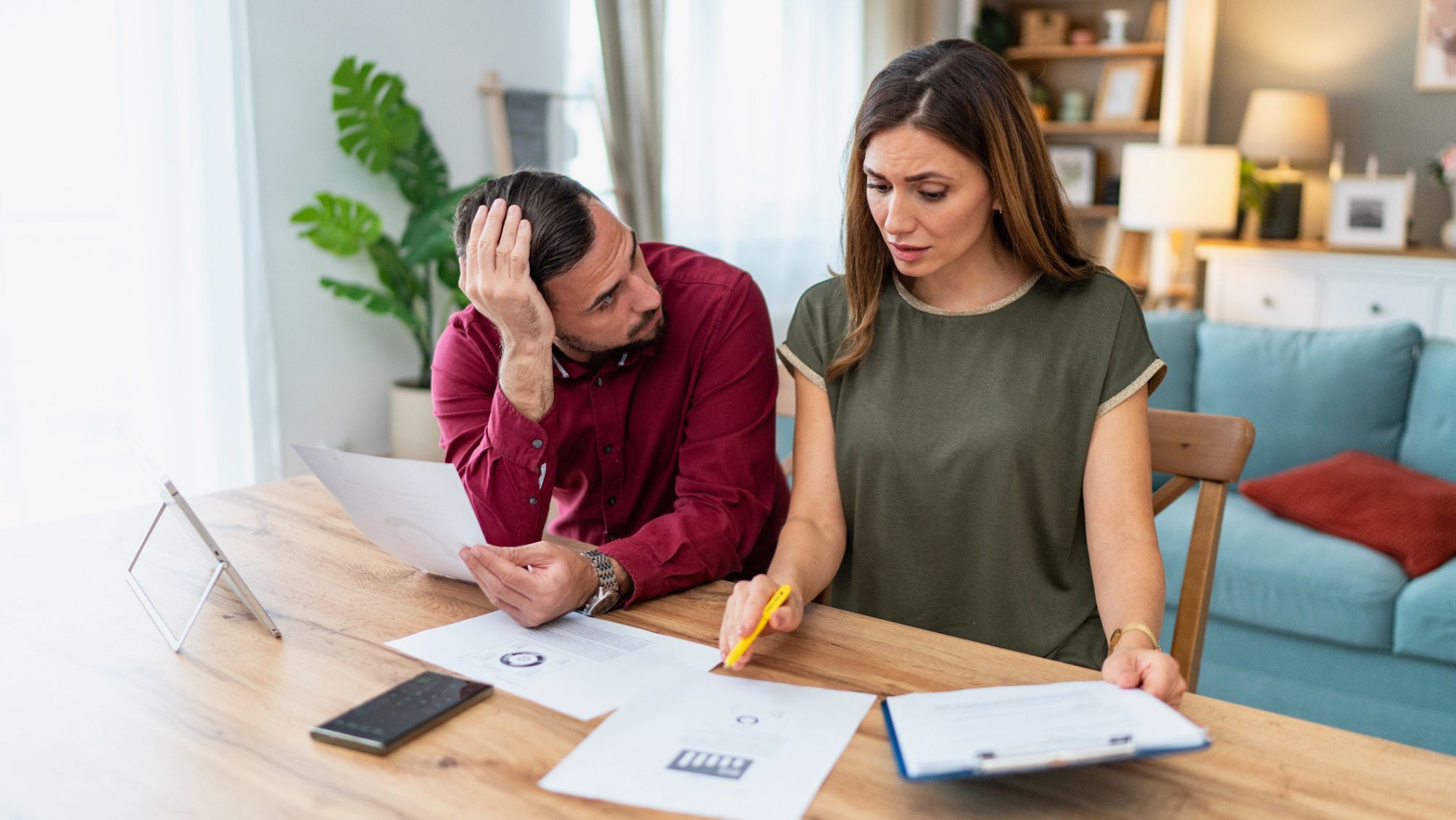 A couple discussing their finances at a table. 