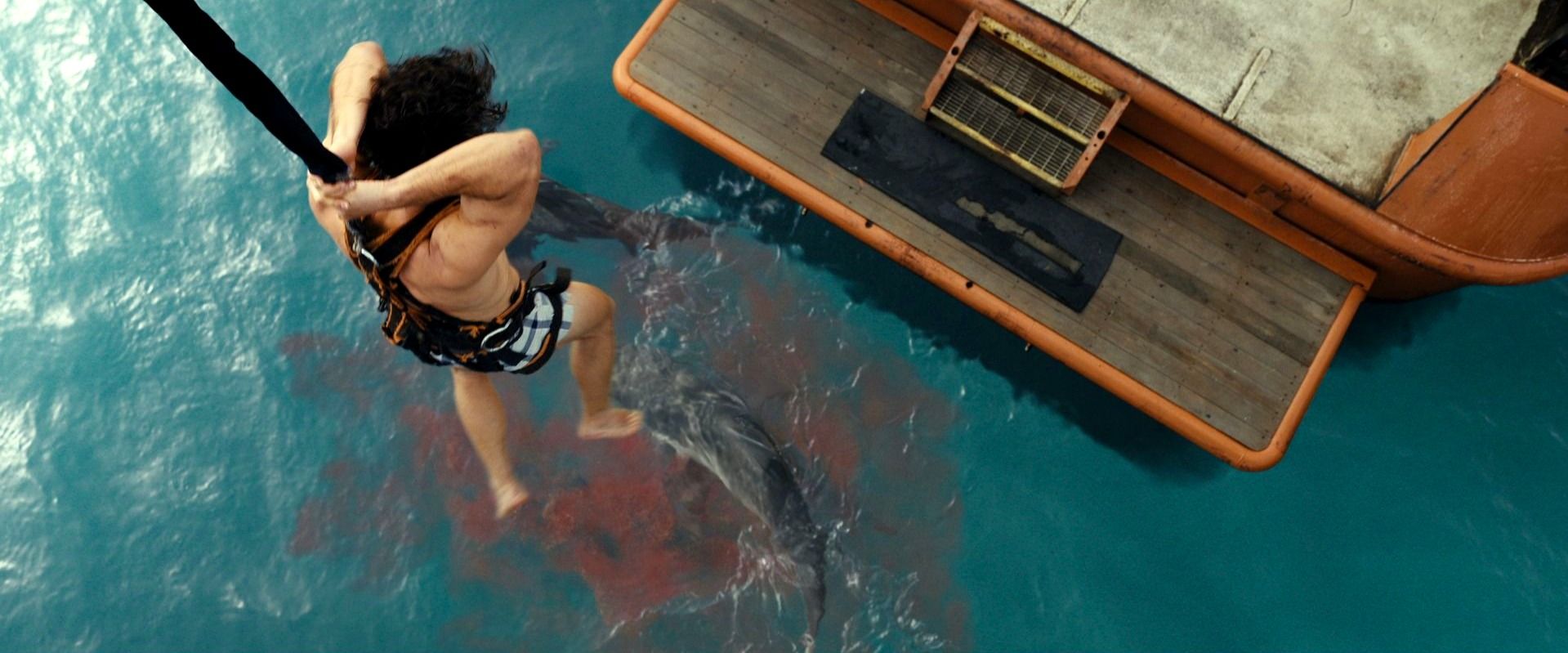 A man hangs above bloody, shark-infested waters in the film Dangerous Animals