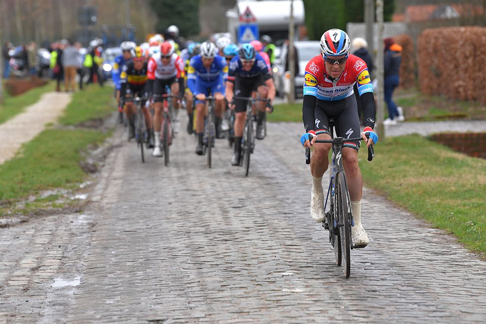 Bob Jungels (Deceuninck-QuickStep) attacks at Kuurne-Brussel-Kuurne