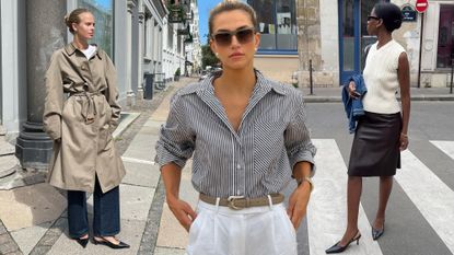 Clara wears a beige trench coat, white jeans, jeans, and black slingbacks; Cass Dimicco wears a striped button-down, beige belt, white pants, and sunglasses; Sylvie Mus wears a crochet vest, black leather miid skirt, denim jacket, and black slingbacks.