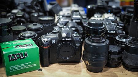 Vintage camera kit on the Disabled Photographers Society stand at The Photography & Video Show 2024