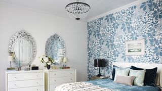 Bedroom, Room, Bed, Furniture, Blue, Interior design, Wall, Bed frame, Property, Nightstand,