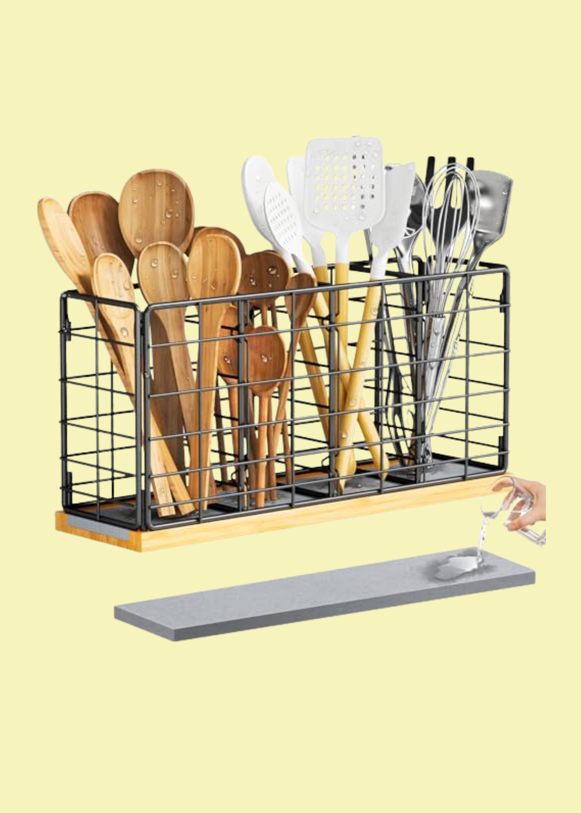 Nihome Metal Kitchen Utensil Holder With Diatomaceous Earth Base, Fast Drying &amp;amp; Odor Control, Large 4-Compartment Utensil Caddy for Spatulas, Tongs, Whisks, Rustproof Organizer With No Scratch Bottom