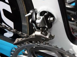 The clever front derailleur tab on Lampre's new Wilier TwinFoil is adjustable for angle to better accommodate different chainring sizes and shapes