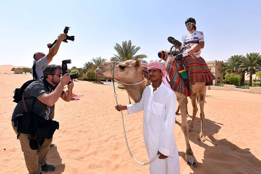 World champion Peter Sagan (Tinkoff-Saxo) riding a camel