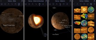 The Solar Walk app focuses on the planets and moons of our solar system. It includes 3D-rendered globes with feature labels, cutaways showing internal global structure, exploration mission lander and orbiter positions, and an extensive gallery of images, including the Venus Messenger mission 3D terrains.