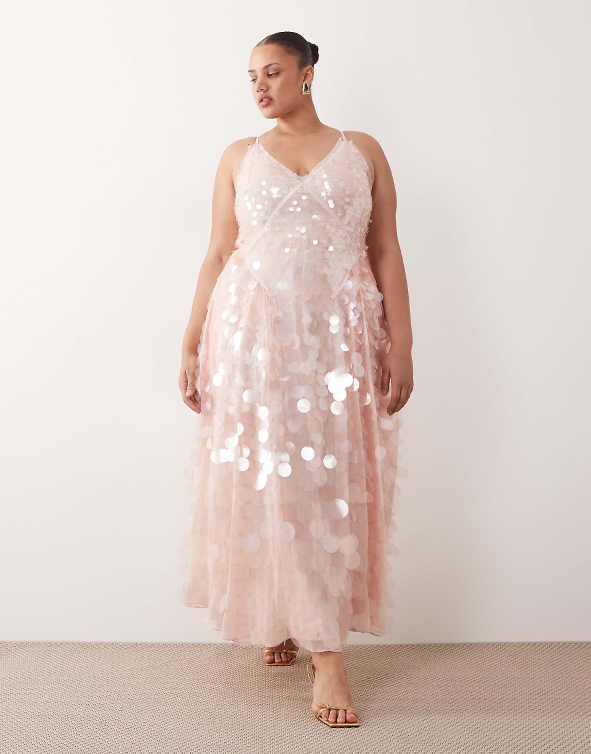 Arrange Curve Embellished Sequin Cami Midi Dress With Full Skirt in Soft Pink