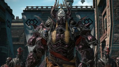 A screenshot of a group of characters in the RPG Final Fantasy 14 with banner flags behind them. 