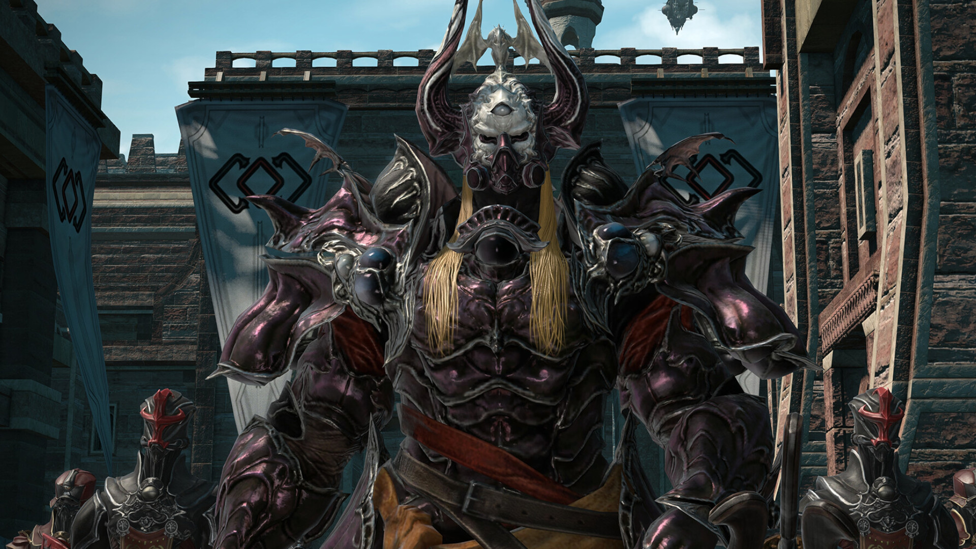 A screenshot of a group of characters in the RPG Final Fantasy 14 with banner flags behind them. 