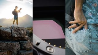 Composite images from Fujifilm's X-Summit teaser: a photographer using a camera on a mountain, a close-up of a camera sensor and mount, and a close-up of a hand pulling a camera out of a jeans pocket