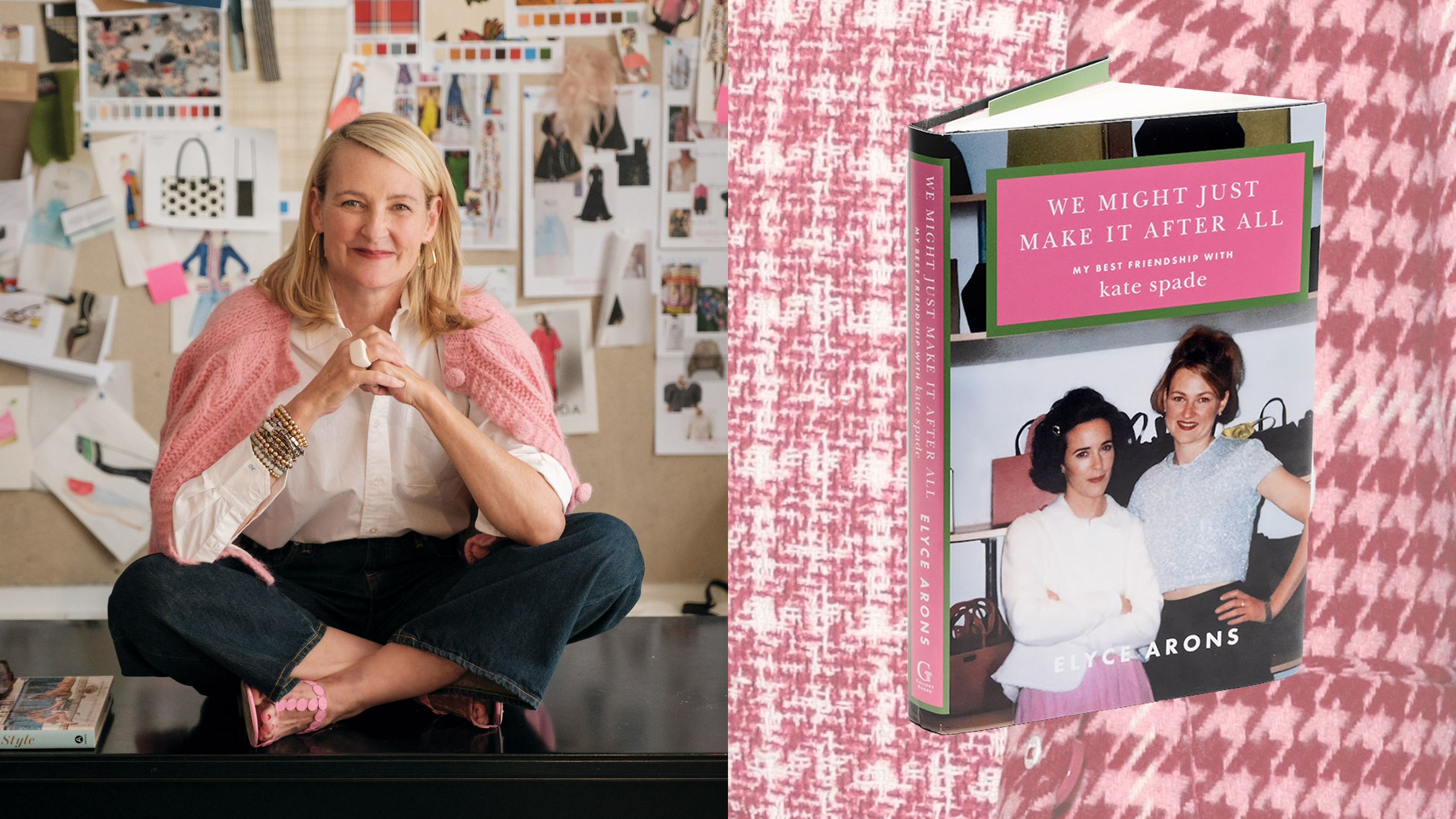 an image of fashion exec and author elyce arons sitting on a desk smiling and a photo of her book we might just make it after all