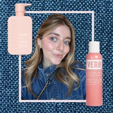 samantha holender on a denim background with drugstore volumizer