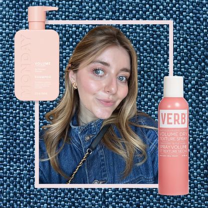 samantha holender on a denim background with drugstore volumizer