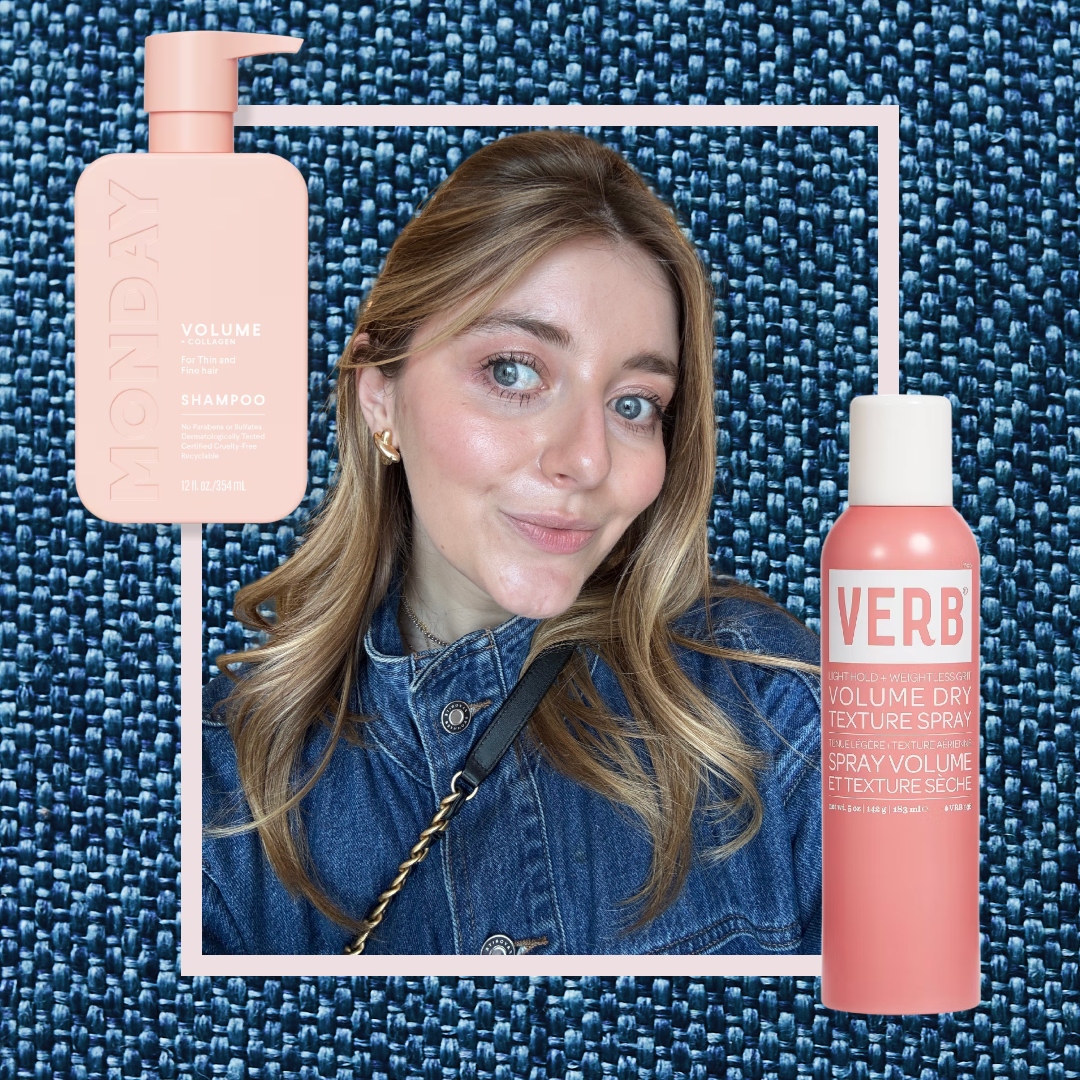 samantha holender on a denim background with drugstore volumizer