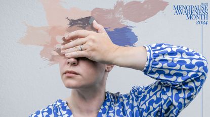 Woman with hand over eyes, pain smushes over head as brain fog concept to represent what does perimenopause feel like