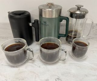 Fellow Clara French Press next to the Stanley and Zwilling