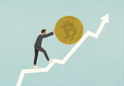 Businessman rolling Bitcoin up ascending data arrow