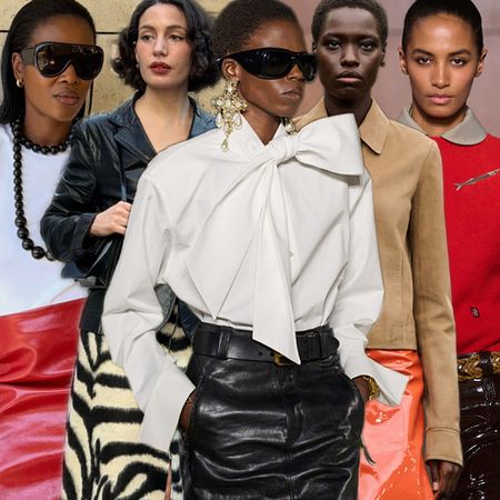 The best pencil skirts are shown in a collage of runway and street style photos of women wearing different types of tailored pencil skirts 