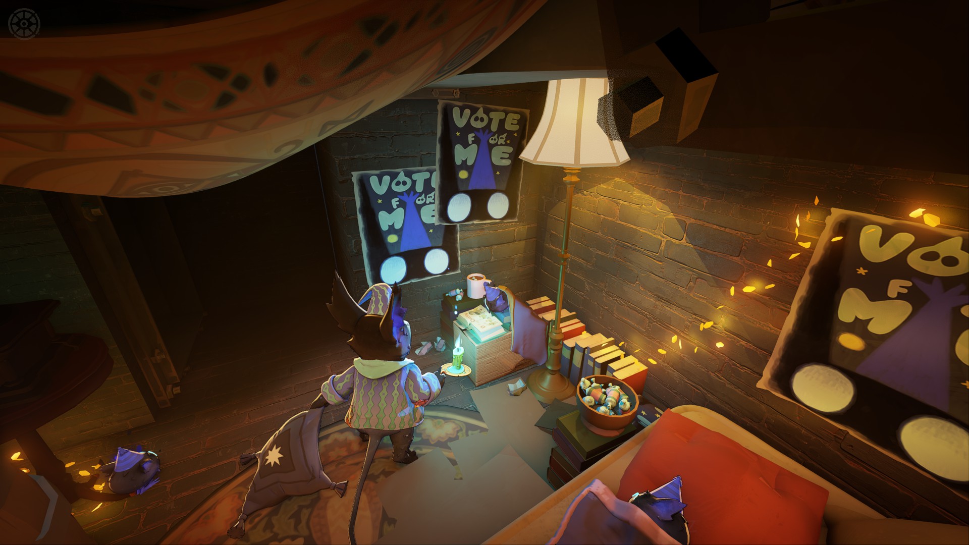 A view of the &amp;quot;Vote for Me&amp;quot; posters in Rem's room in Deadlock.