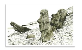 recreated scenes of Easter Island in gouache, focusing here on the quarry in Rano Raraku