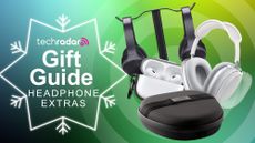 A collage of headphone accessories including cases, stands and covers on a green background