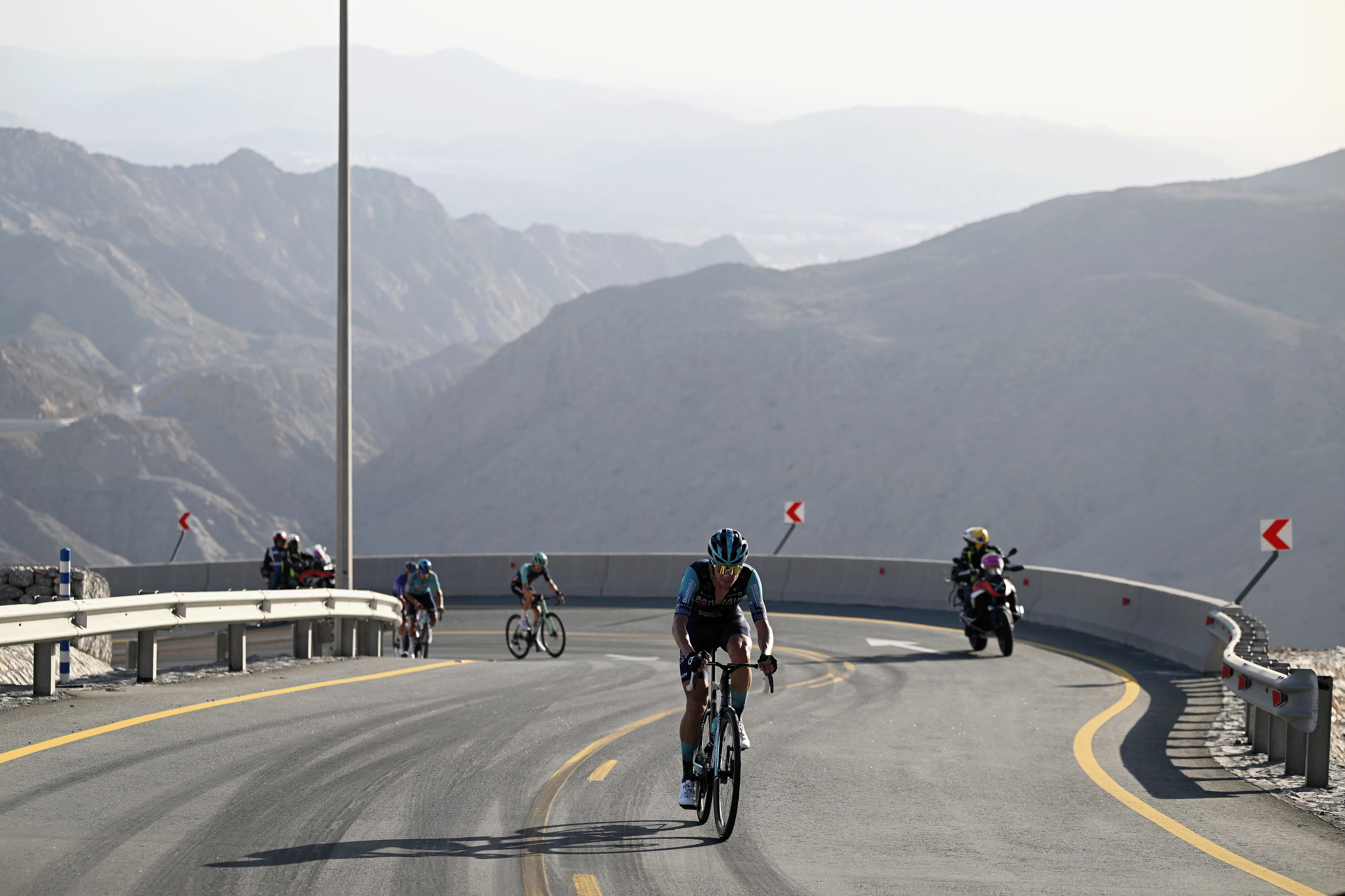 JEBEL MOBRAH, UNITED ARAB EMIRATES - FEBRUARY 18: Antonio Tiberi of Italy and Team Bahrain - Victorious attacks in the breakaway competes during the 8th UAE Tour 2026, Stage 3 a 183km stage from Umm al Quwain to Jebel Mobrah 1229m / #UCIWT / on February 18, 2026 in Jebel Mobrah, United Arab Emirates. (Photo by Tim de Waele/Getty Images)