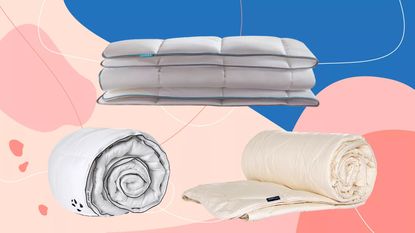 A graphic featuring one of the best duvets tried and tested by the Ideal Home team on a blue background