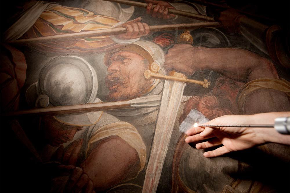 Researchers threaded the endoscope into the wall covered by the Vasari mural to find signs of the lost Leonardo painting &quot;The Battle of Anghiari&quot; in Florence&#039;s Palazzo Vecchio. 