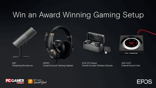 A lineup of the prizes on offer in the EPOS giveaway: a B20 streaming mic, a set of H6PRO headphones, a pair of GTW 270 earbuds, and a GSX 1000 external sound card.